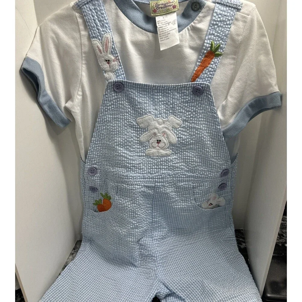 Vtg Springtime Creations Bunny Carrot Romper Easter Spring 4/5T Seersucker